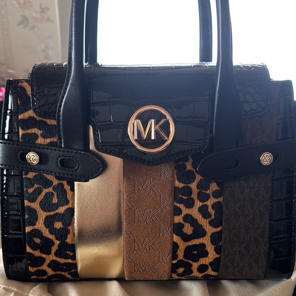Michael Kors Black and Gold Satchel with Leopard Print